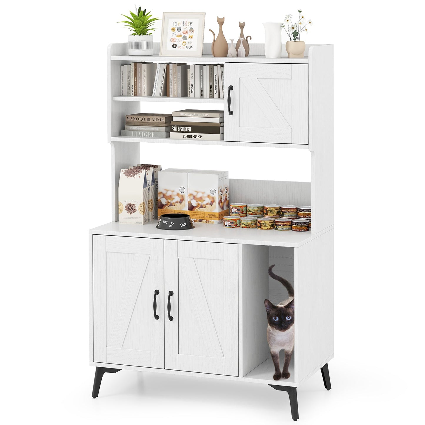 Gran caja de arena para gatos grande con almacenamiento de exhibición - Blanco