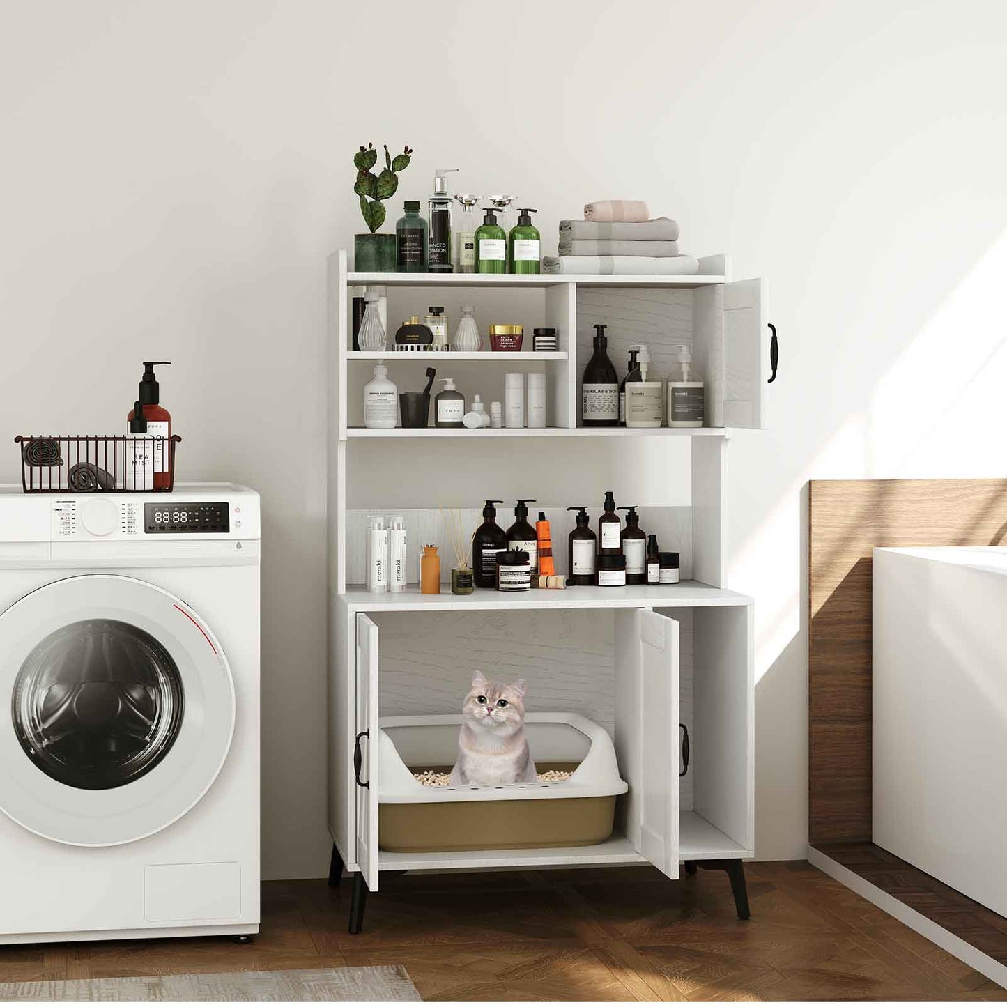 Gran caja de arena para gatos grande con almacenamiento de exhibición - Blanco