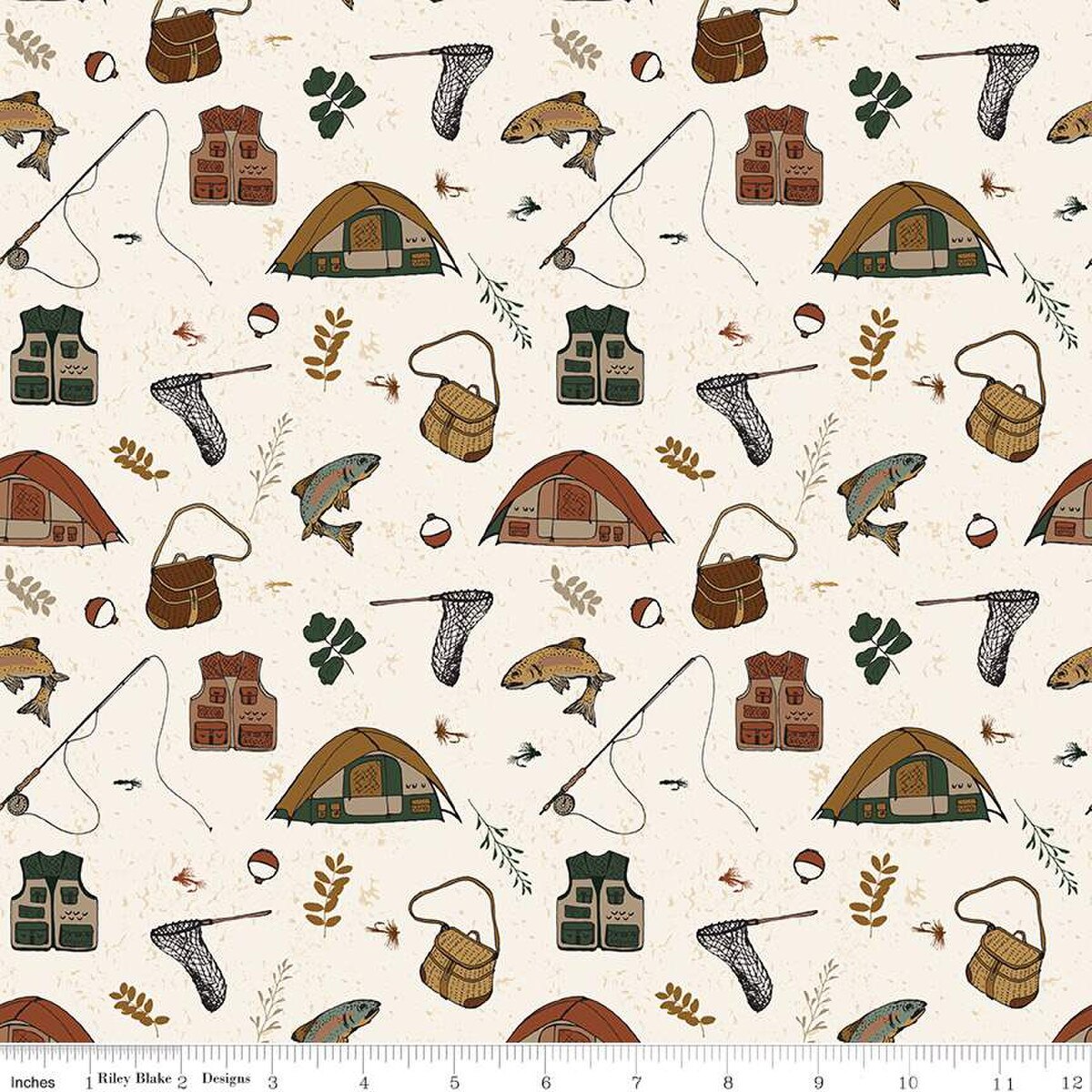 Let's Wander Gone Fishing Cream Cotton Fabric - 43"/44" Per Yard