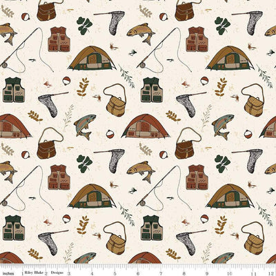 Tissu en coton crème Let's Wander Gone Fishing - 43"/44" par yard