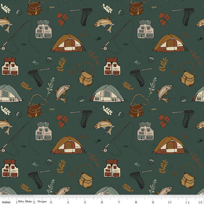 Tissu en coton Let's Wander Gone Fishing Forest - 43"/44" par yard