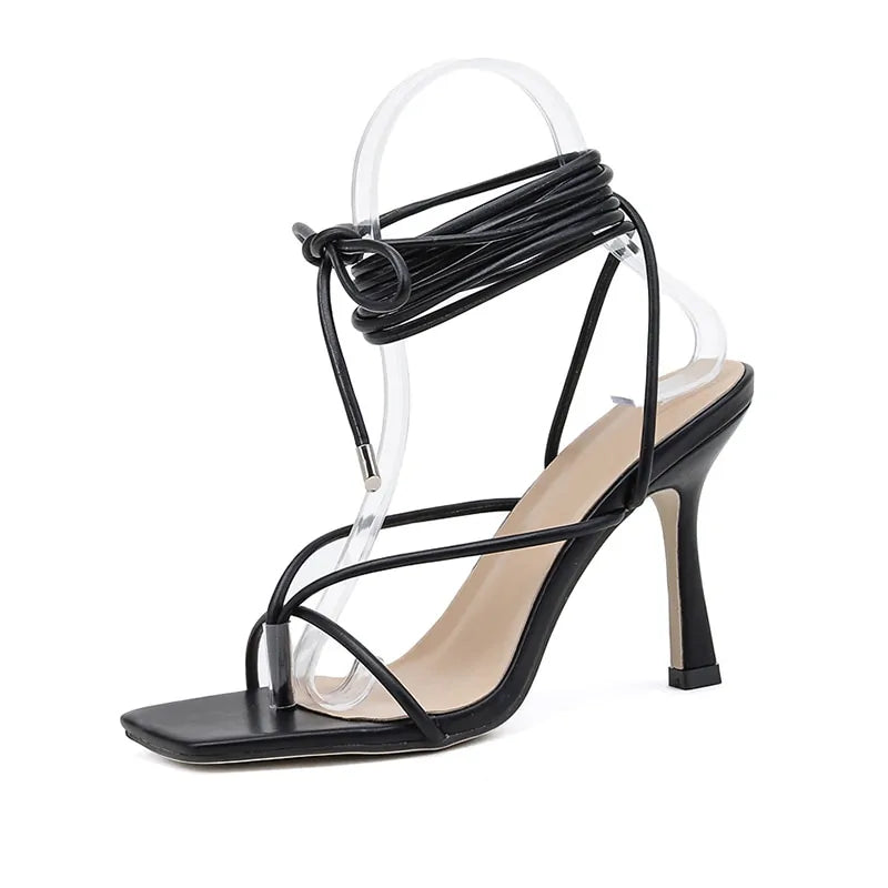 Sandalias de Tacón Alto de Punta Cuadrada Vintage con Tiras Cruzadas para Mujeres