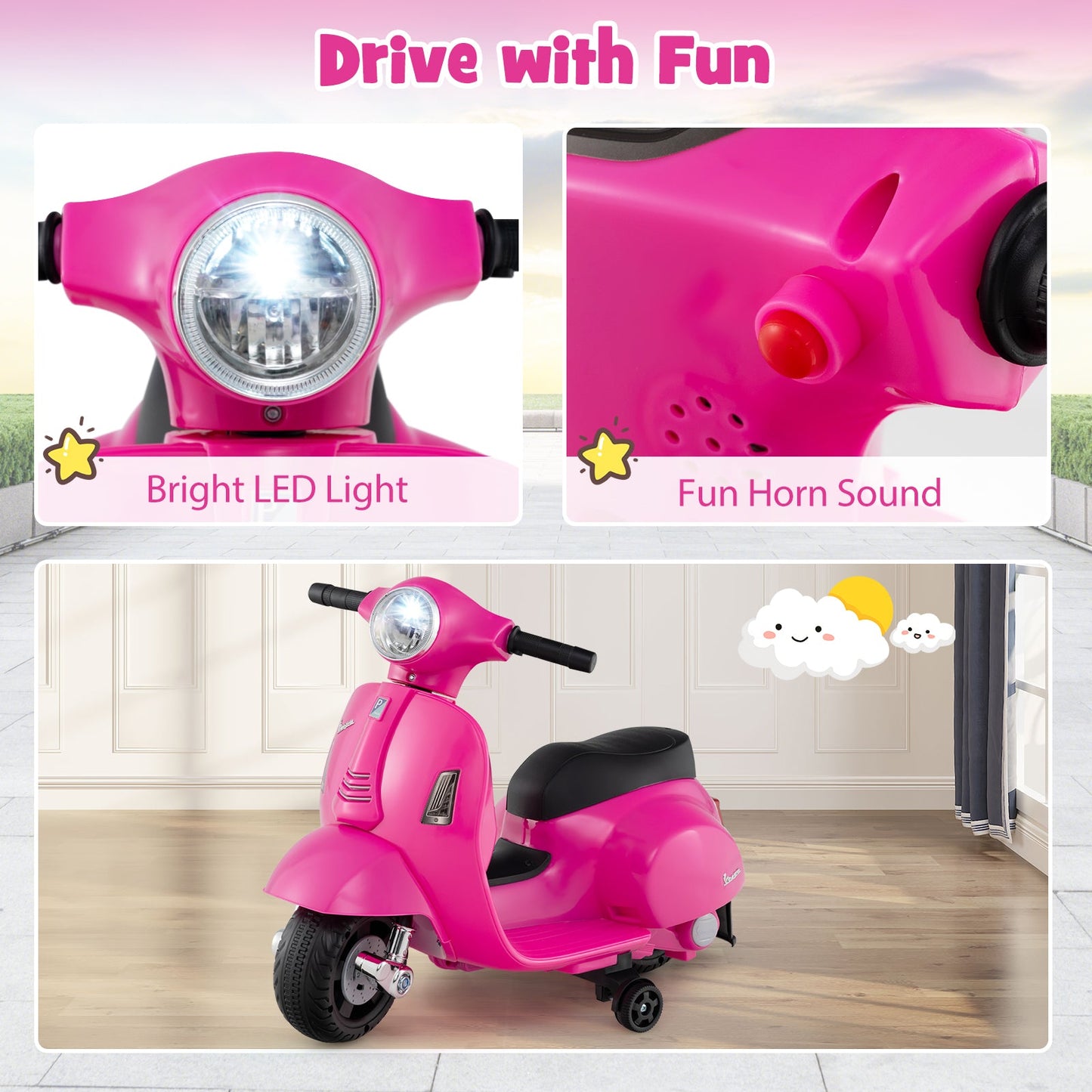 Licensed Pink Vespa Kids Ride-On Motorcycle with LED Lights