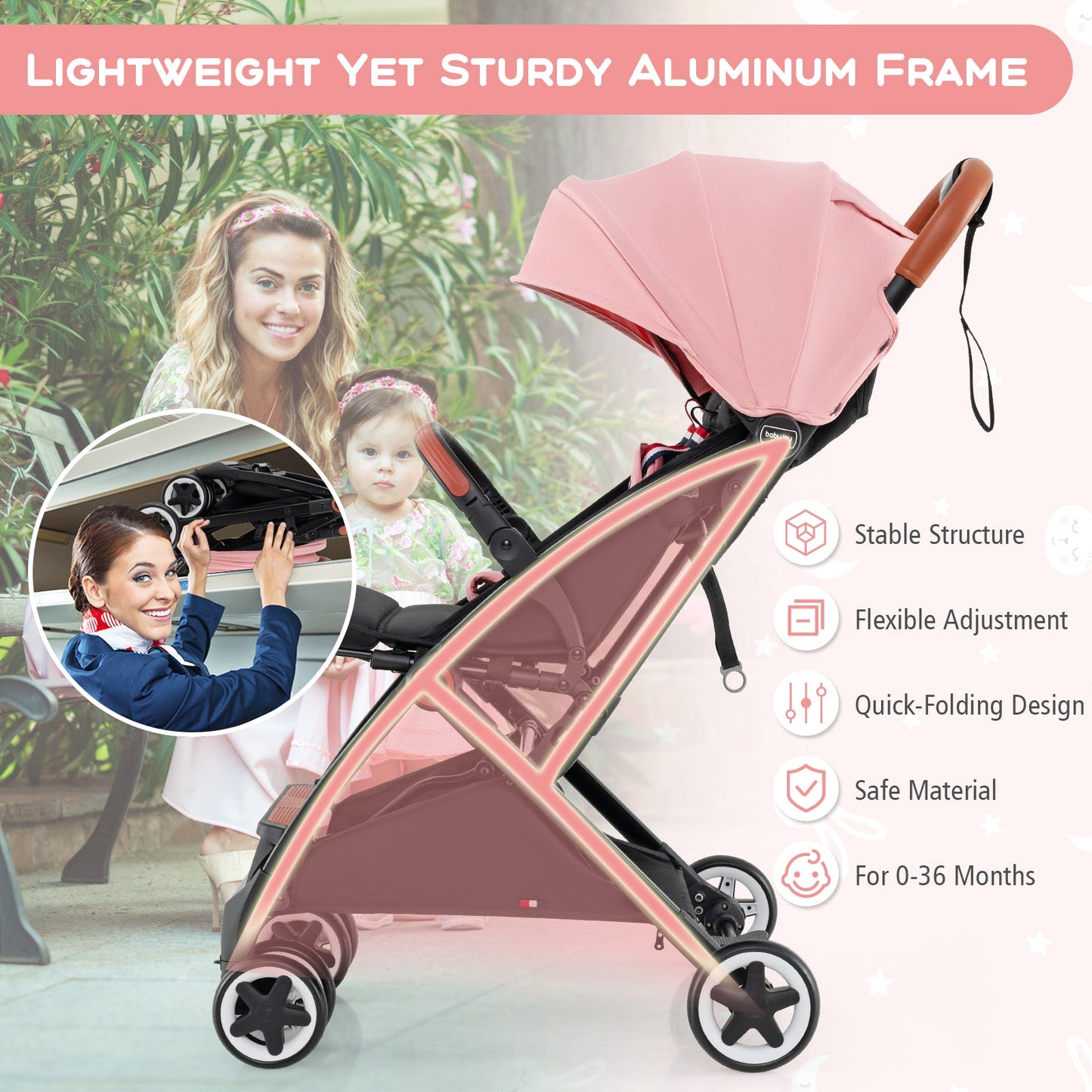 Carrito de bebé ligero con marco de aluminio - Rosa