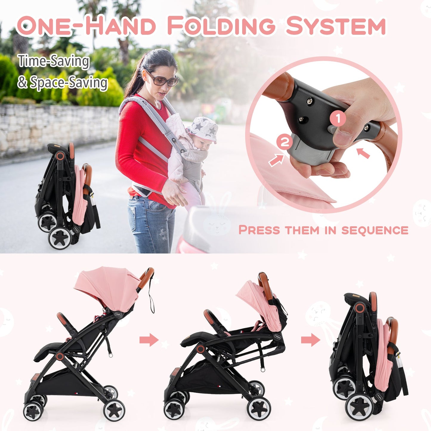Carrito de bebé ligero con marco de aluminio - Rosa