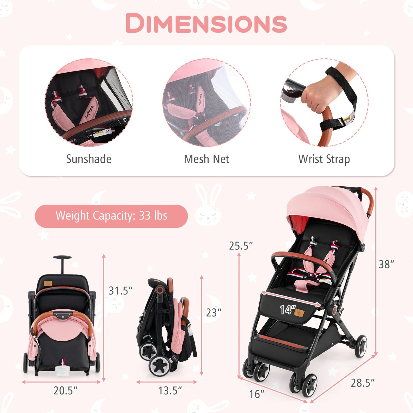 Carrito de bebé ligero con marco de aluminio - Rosa
