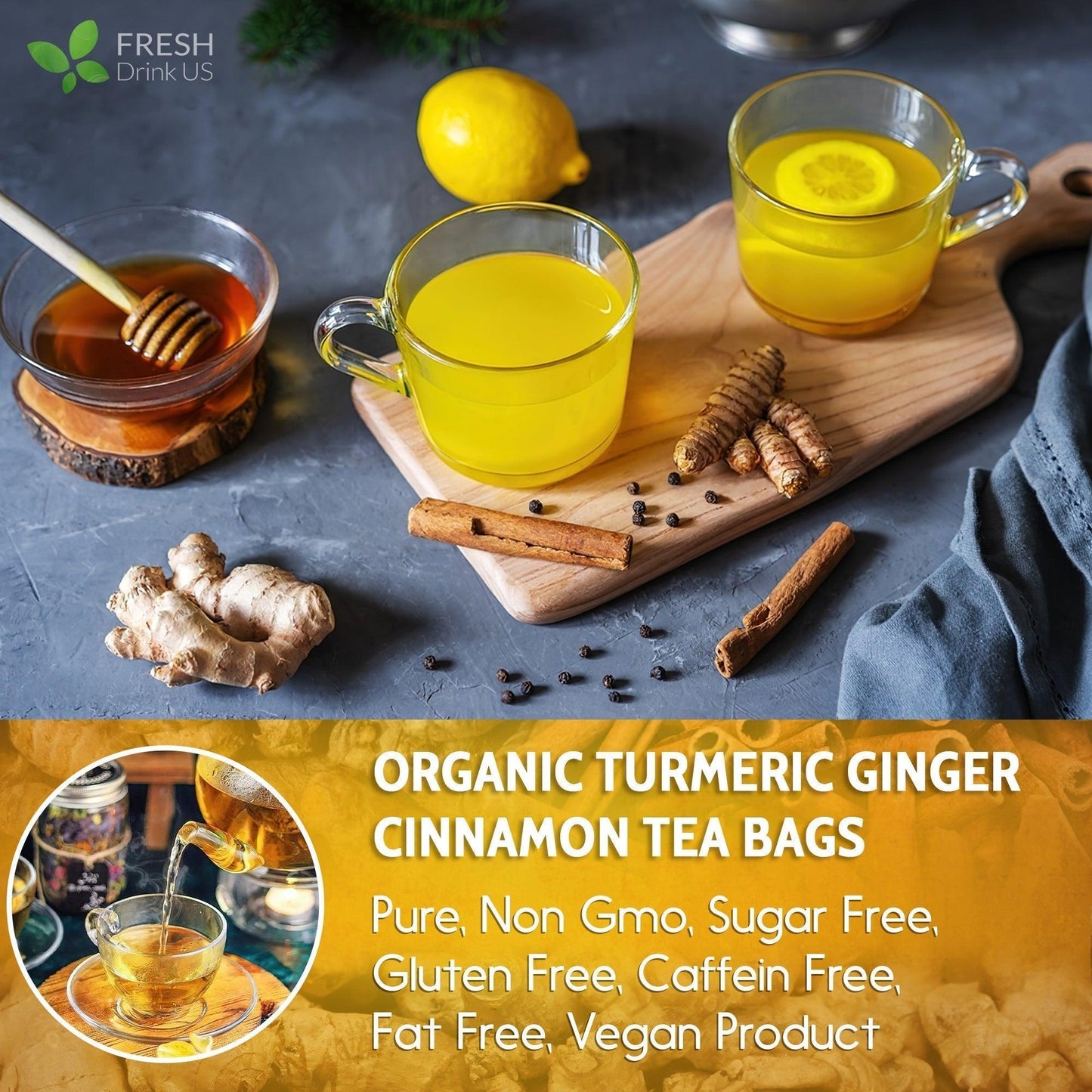 Té de cúrcuma, jengibre y canela en bolsitas, 100 % natural, hecho a mano, sin azúcar, sin cafeína, sin gluten, vegano.