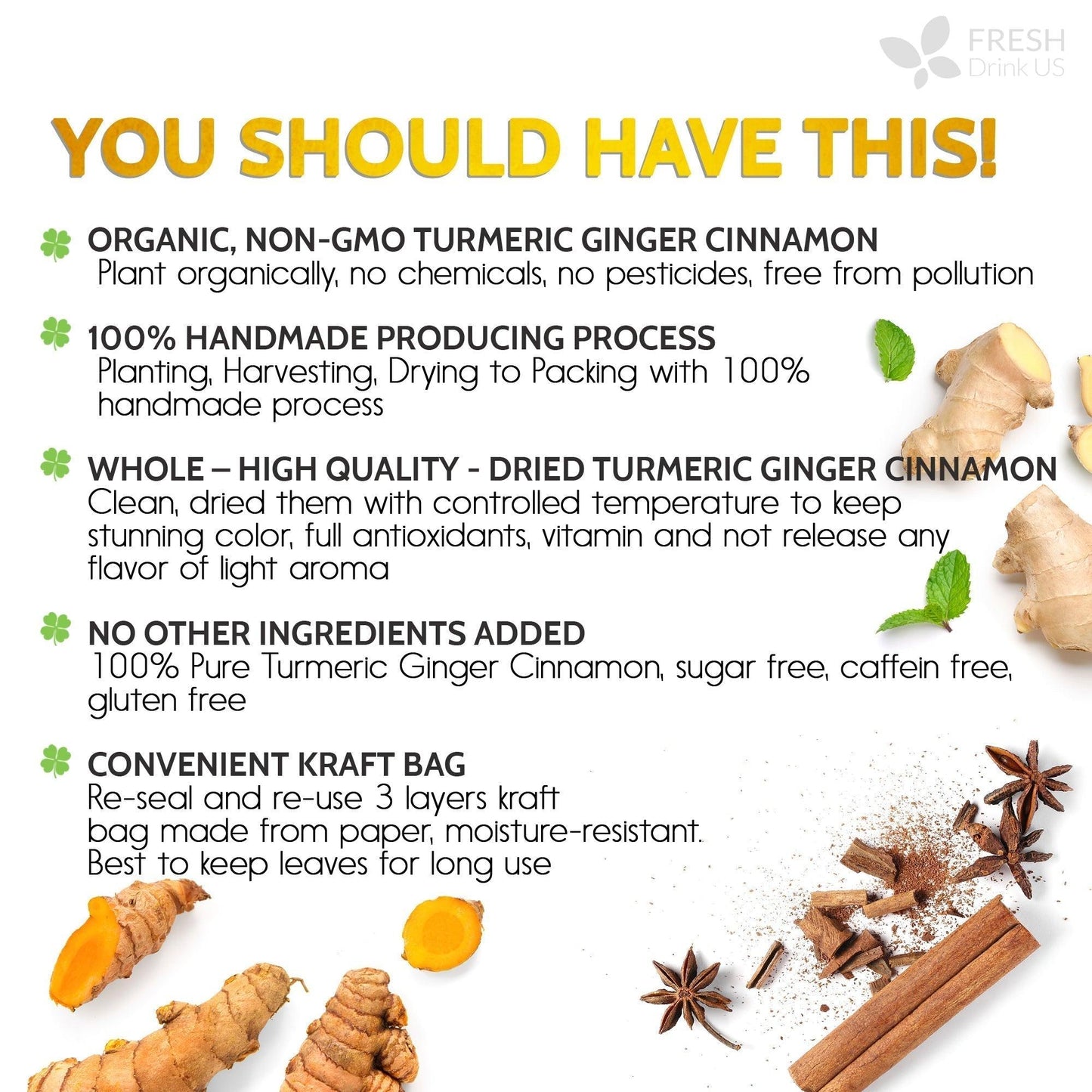 Té de cúrcuma, jengibre y canela en bolsitas, 100 % natural, hecho a mano, sin azúcar, sin cafeína, sin gluten, vegano.