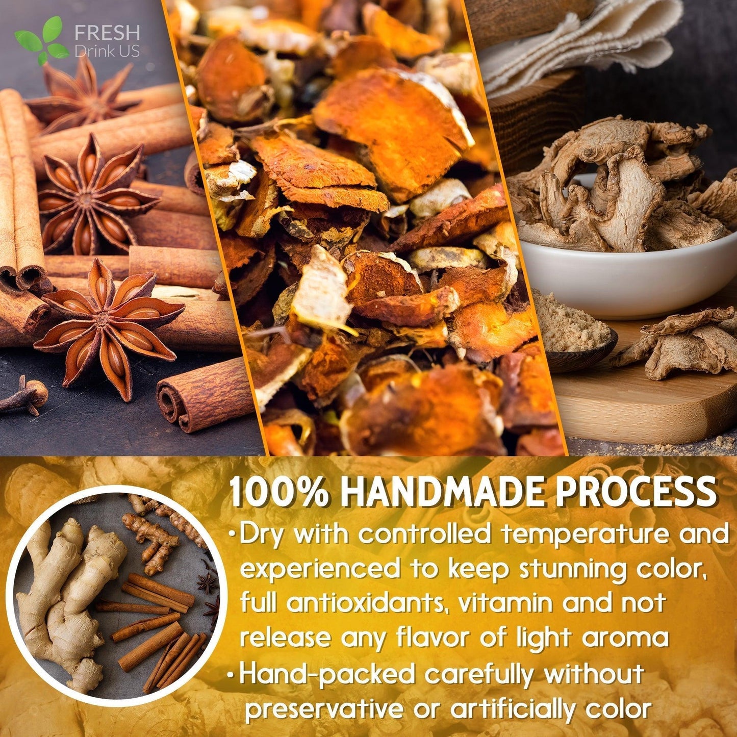 Té de cúrcuma, jengibre y canela en bolsitas, 100 % natural, hecho a mano, sin azúcar, sin cafeína, sin gluten, vegano.