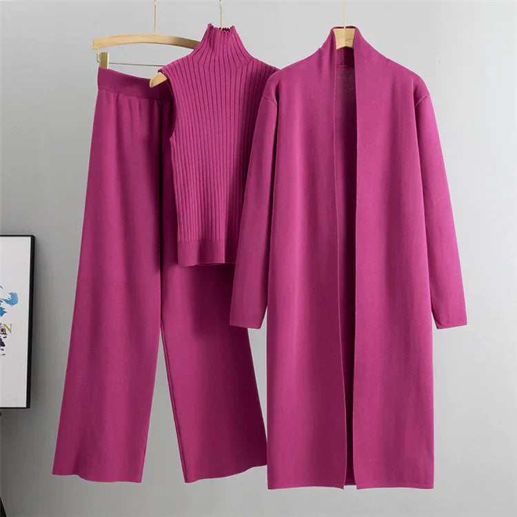 Conjunto de punto de 3 piezas para mujer: chaleco, cárdigan y pantalones de pierna ancha