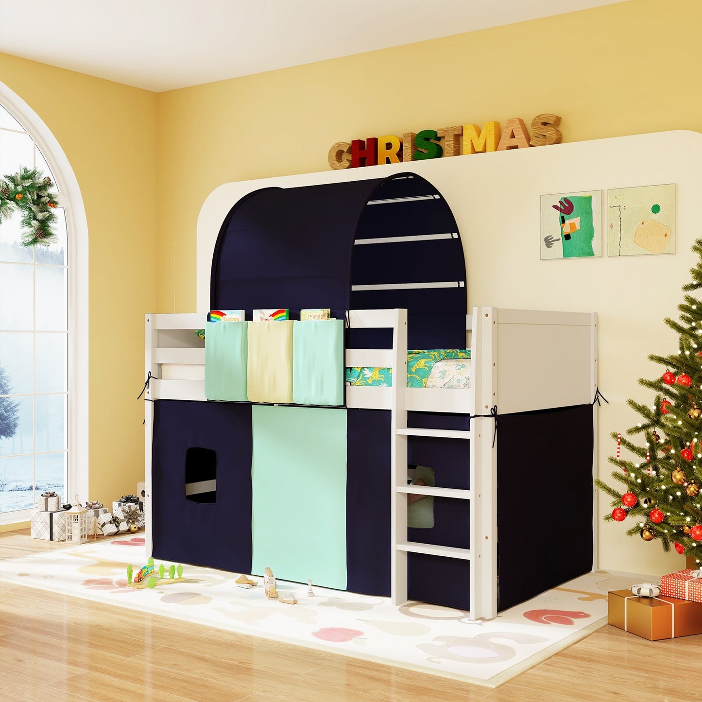 Twin Size Loft Bed Playhouse Frame with Tower Tent & Storage - Navy