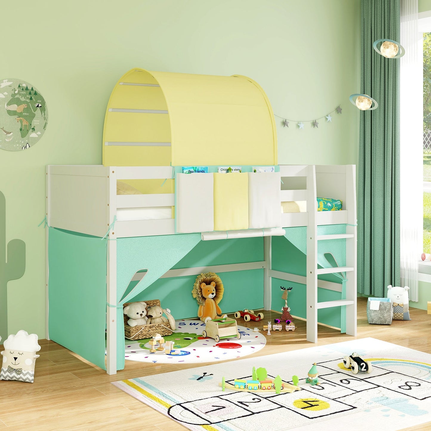 Twin Size Loft Bed Playhouse with Tower Tent - Turquoise