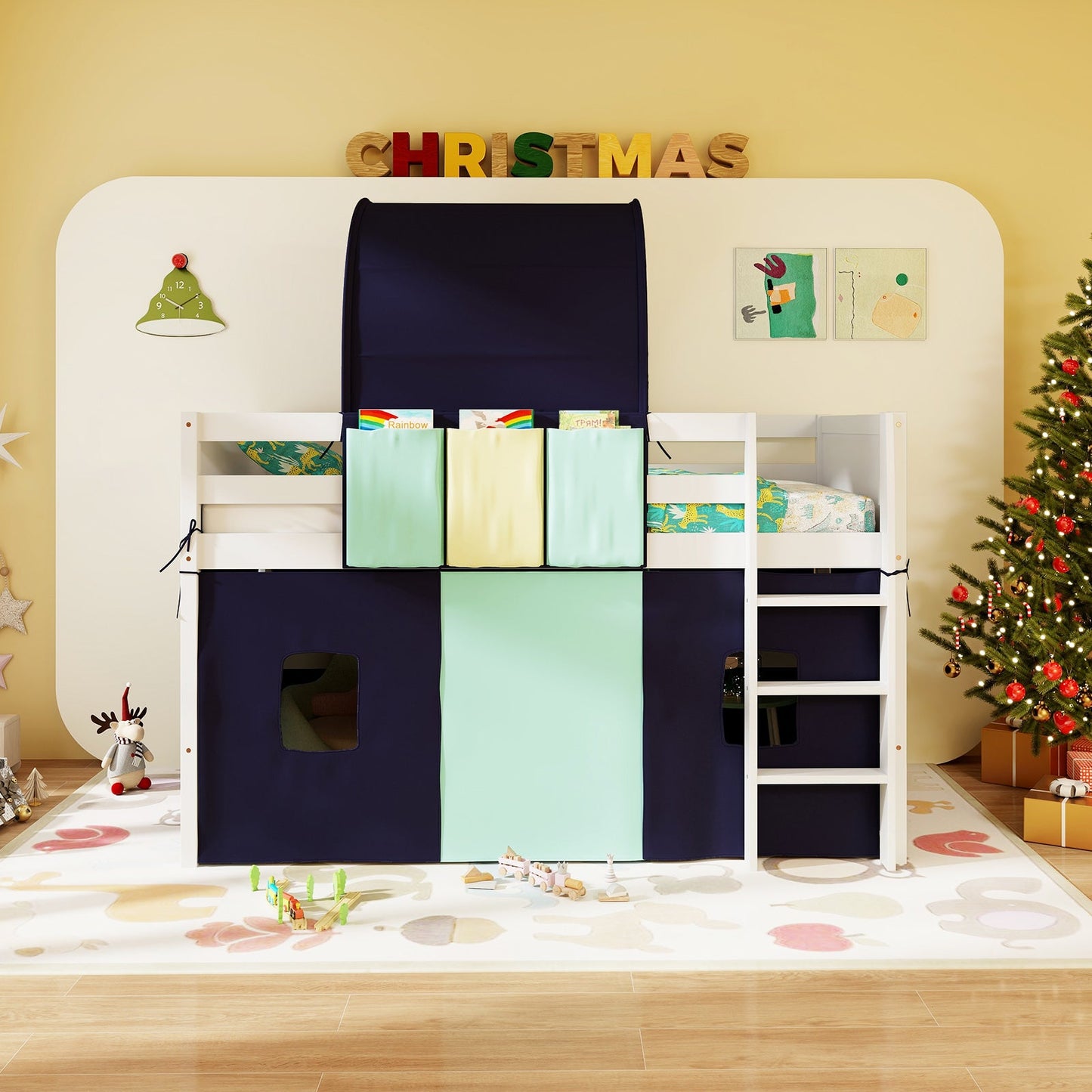 Twin Size Loft Bed Playhouse Frame with Tower Tent & Storage - Navy