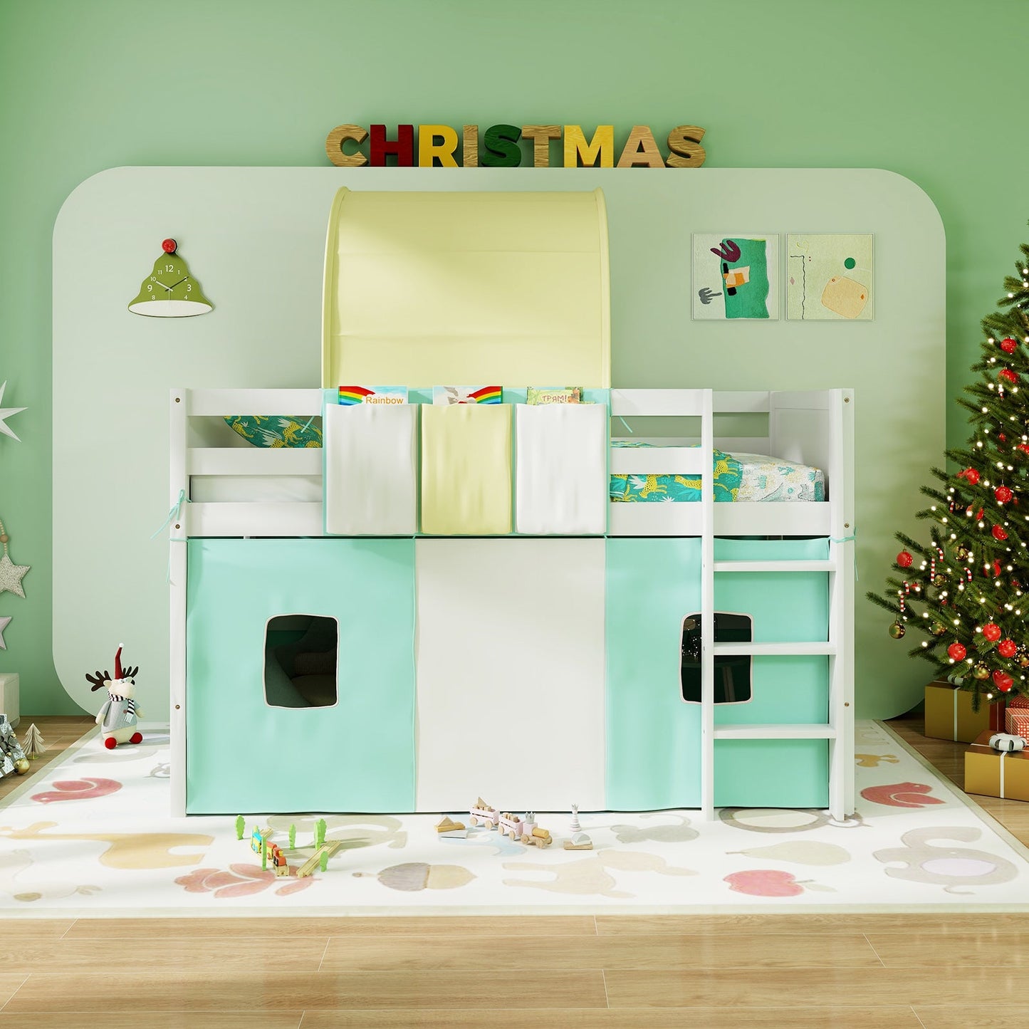 Twin Size Loft Bed Playhouse with Tower Tent - Turquoise