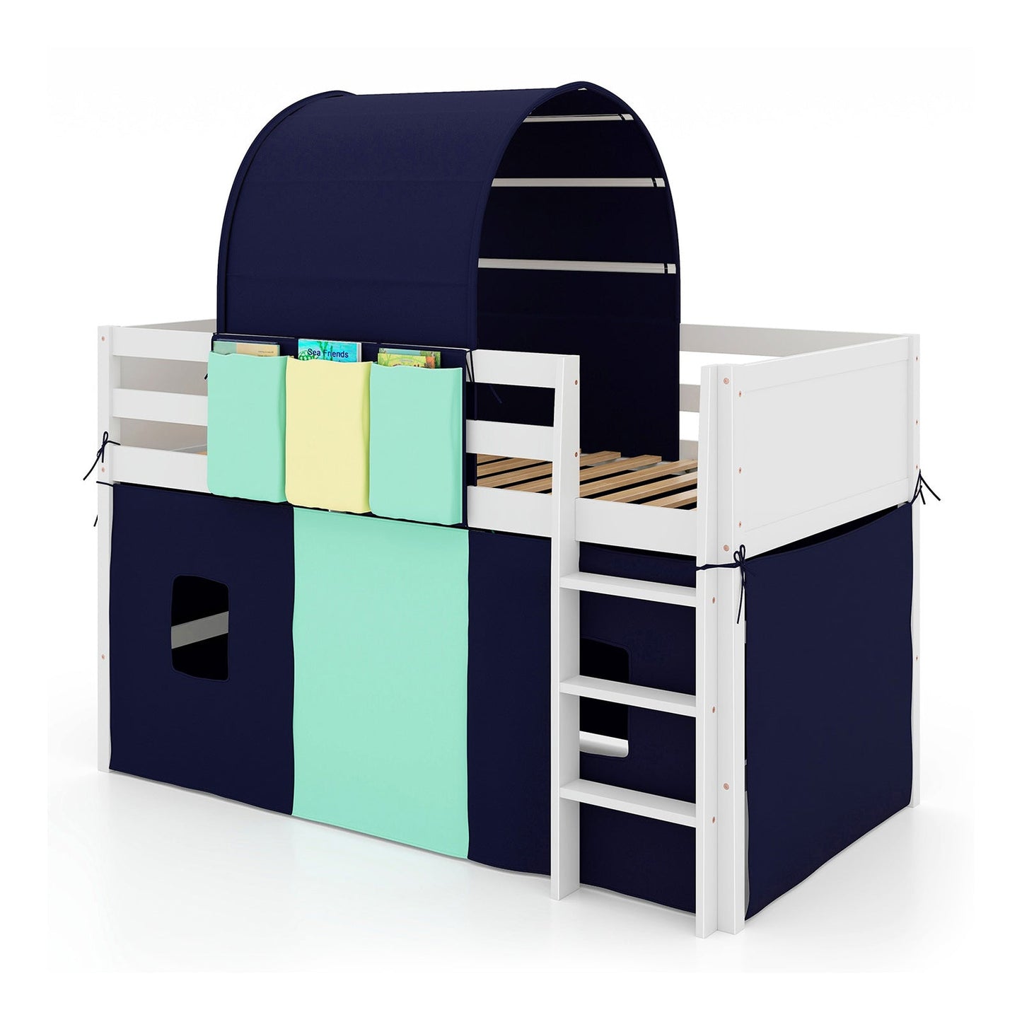Twin Size Loft Bed Playhouse Frame with Tower Tent & Storage - Navy