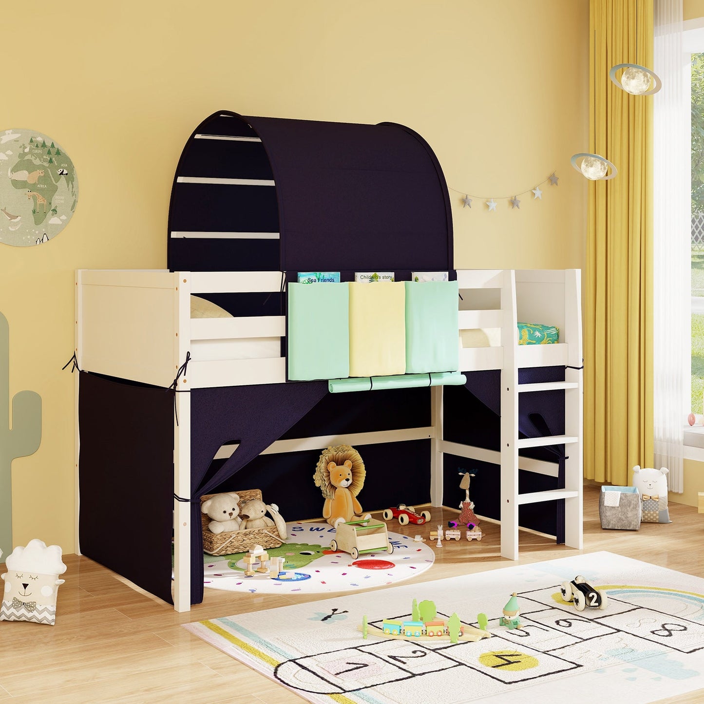 Twin Size Loft Bed Playhouse Frame with Tower Tent & Storage - Navy