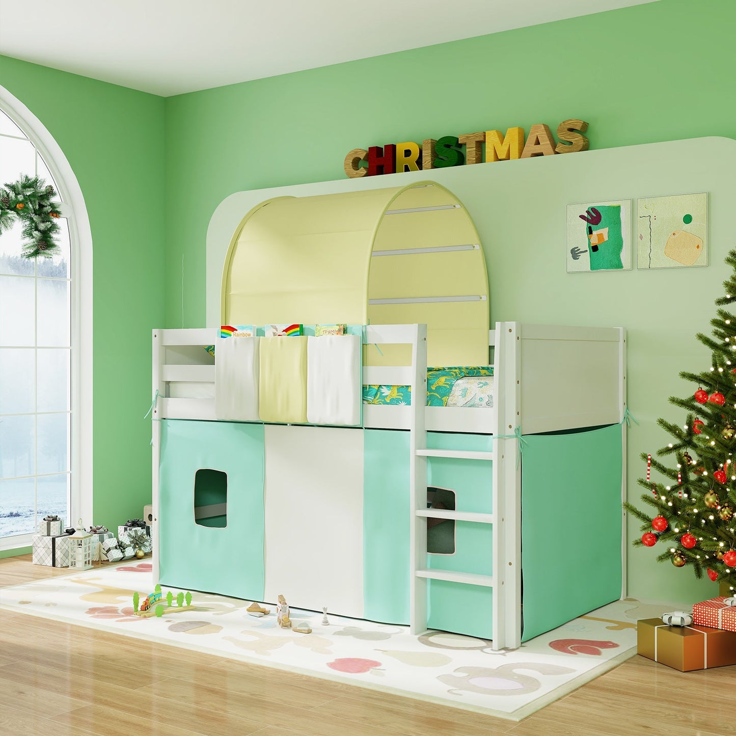 Twin Size Loft Bed Playhouse with Tower Tent - Turquoise