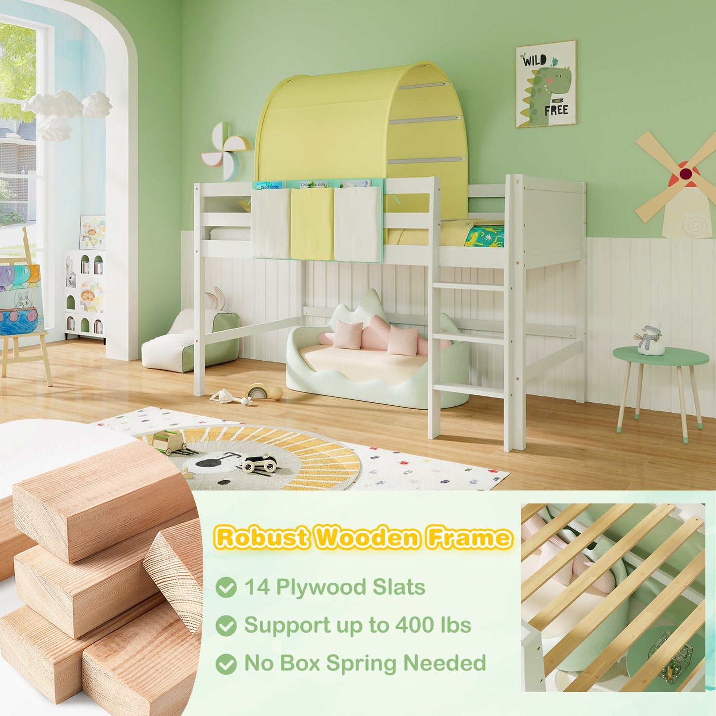 Twin Size Loft Bed Playhouse with Tower Tent - Turquoise