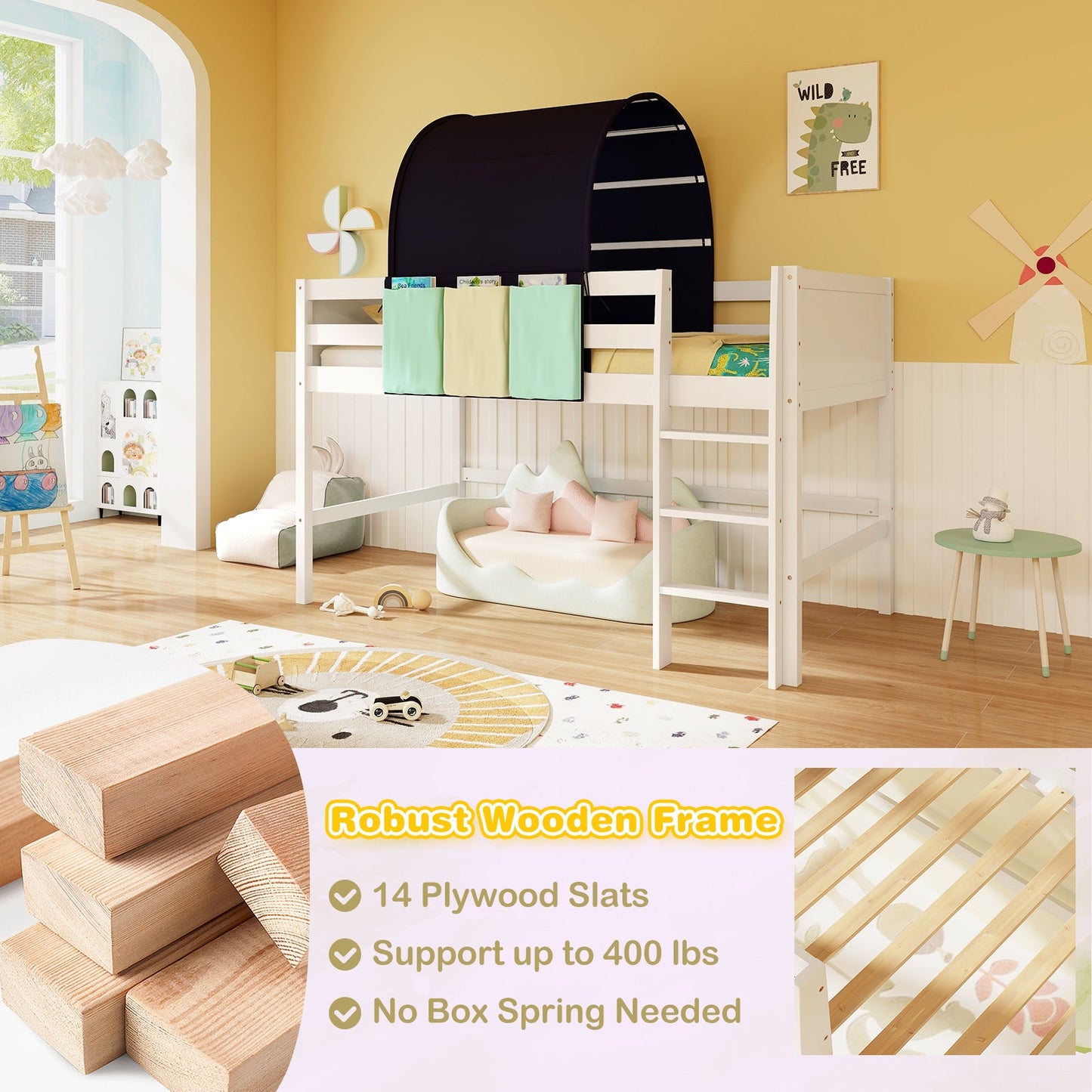 Twin Size Loft Bed Playhouse Frame with Tower Tent & Storage - Navy