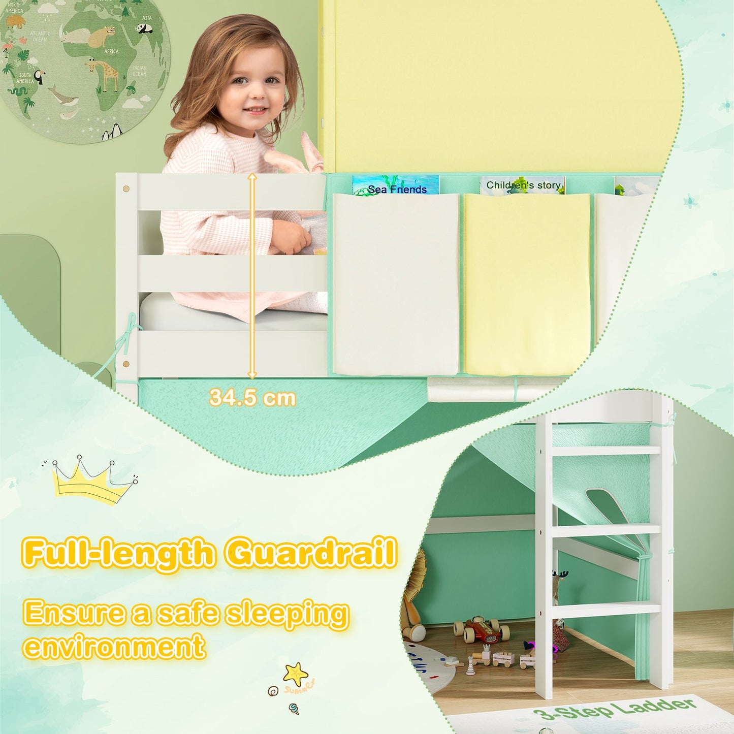 Twin Size Loft Bed Playhouse with Tower Tent - Turquoise