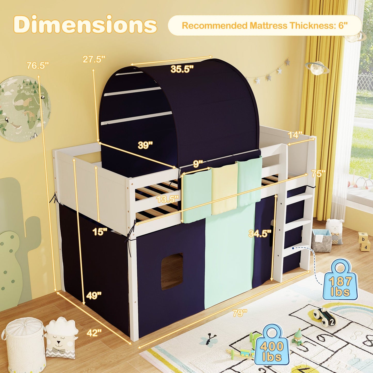 Twin Size Loft Bed Playhouse Frame with Tower Tent & Storage - Navy