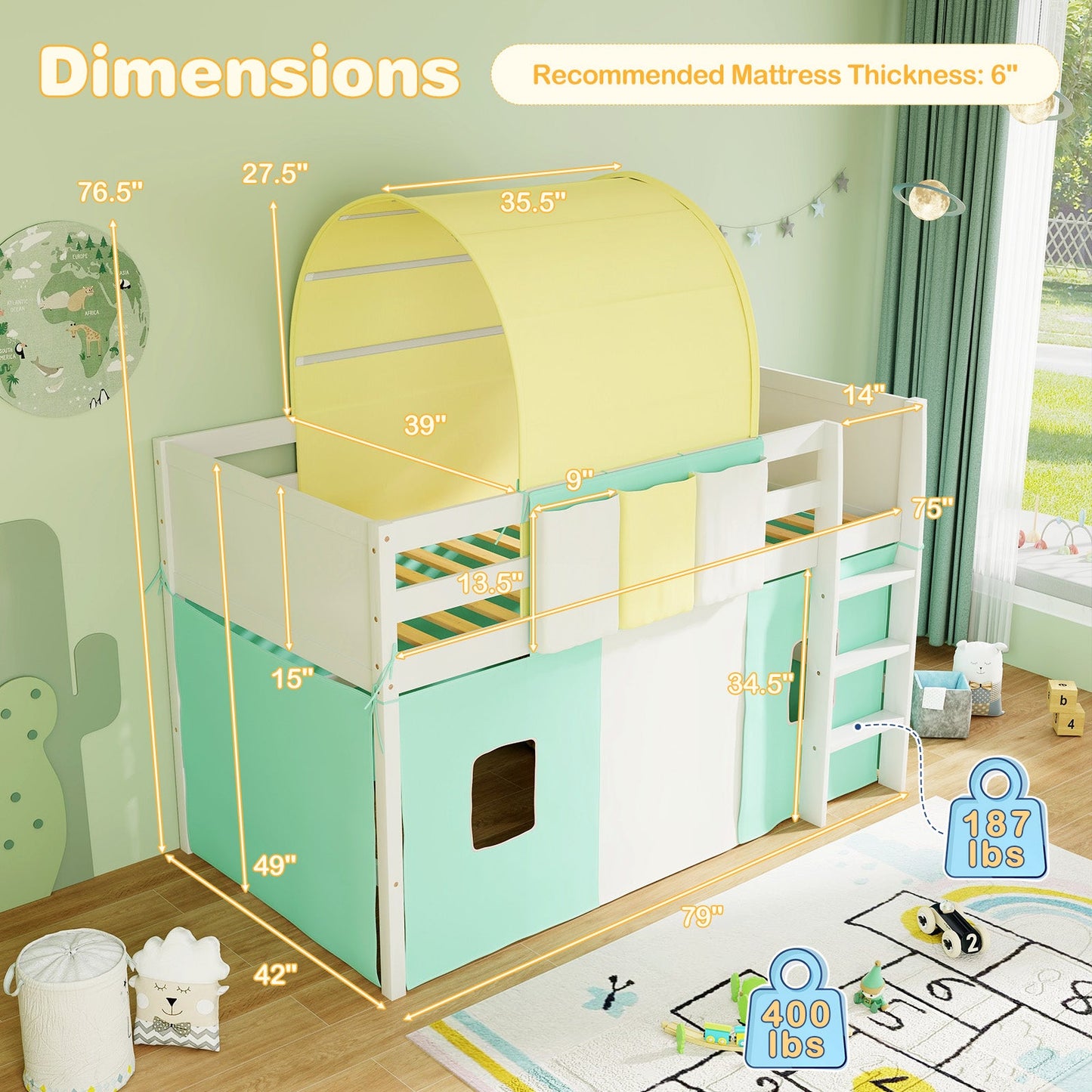 Twin Size Loft Bed Playhouse with Tower Tent - Turquoise