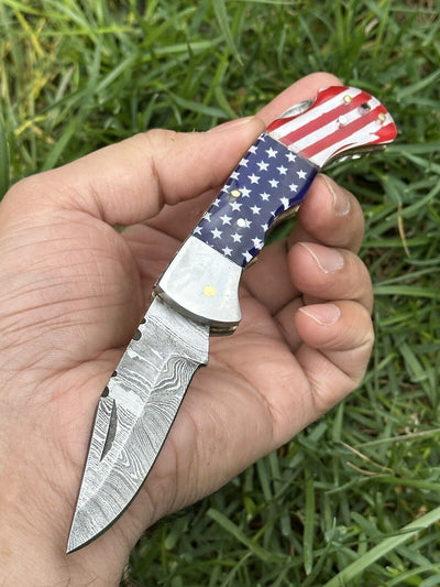 Custom Handmade Lone Star Damascus Pocket Knife with Bone Handle - Korvel