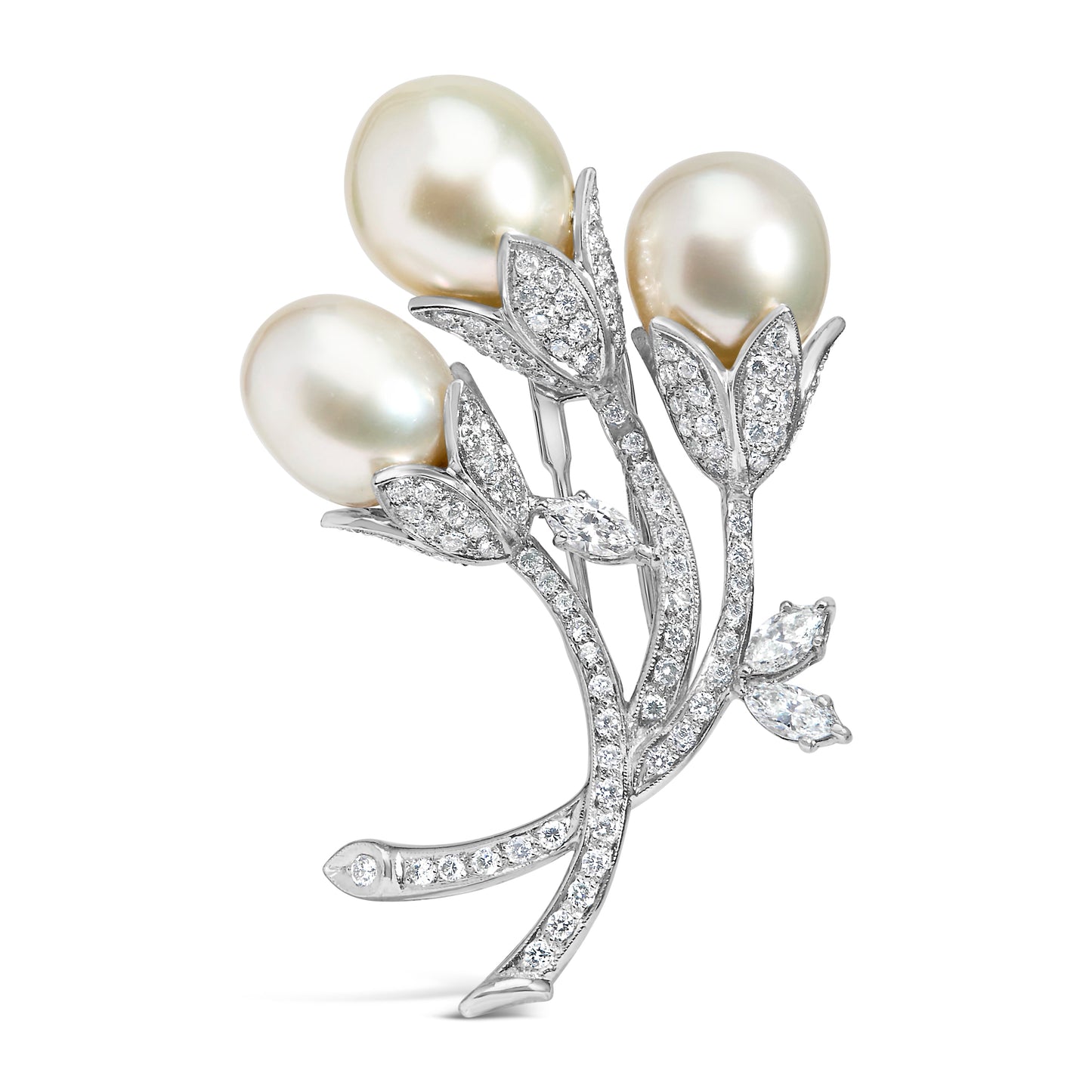 18K White Gold Diamond & South Sea Pearl Floral Brooch Pin