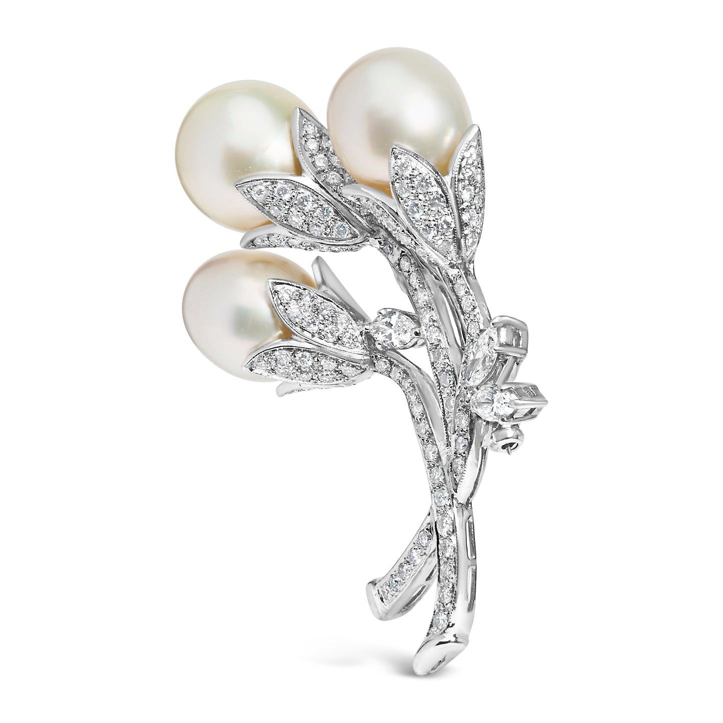 18K White Gold Diamond & South Sea Pearl Floral Brooch Pin