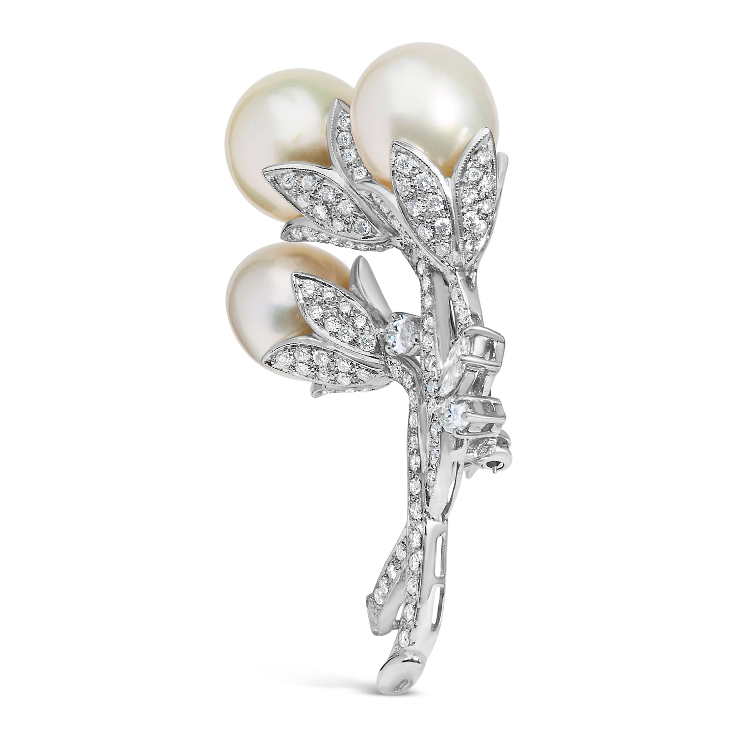 18K White Gold Diamond & South Sea Pearl Floral Brooch Pin