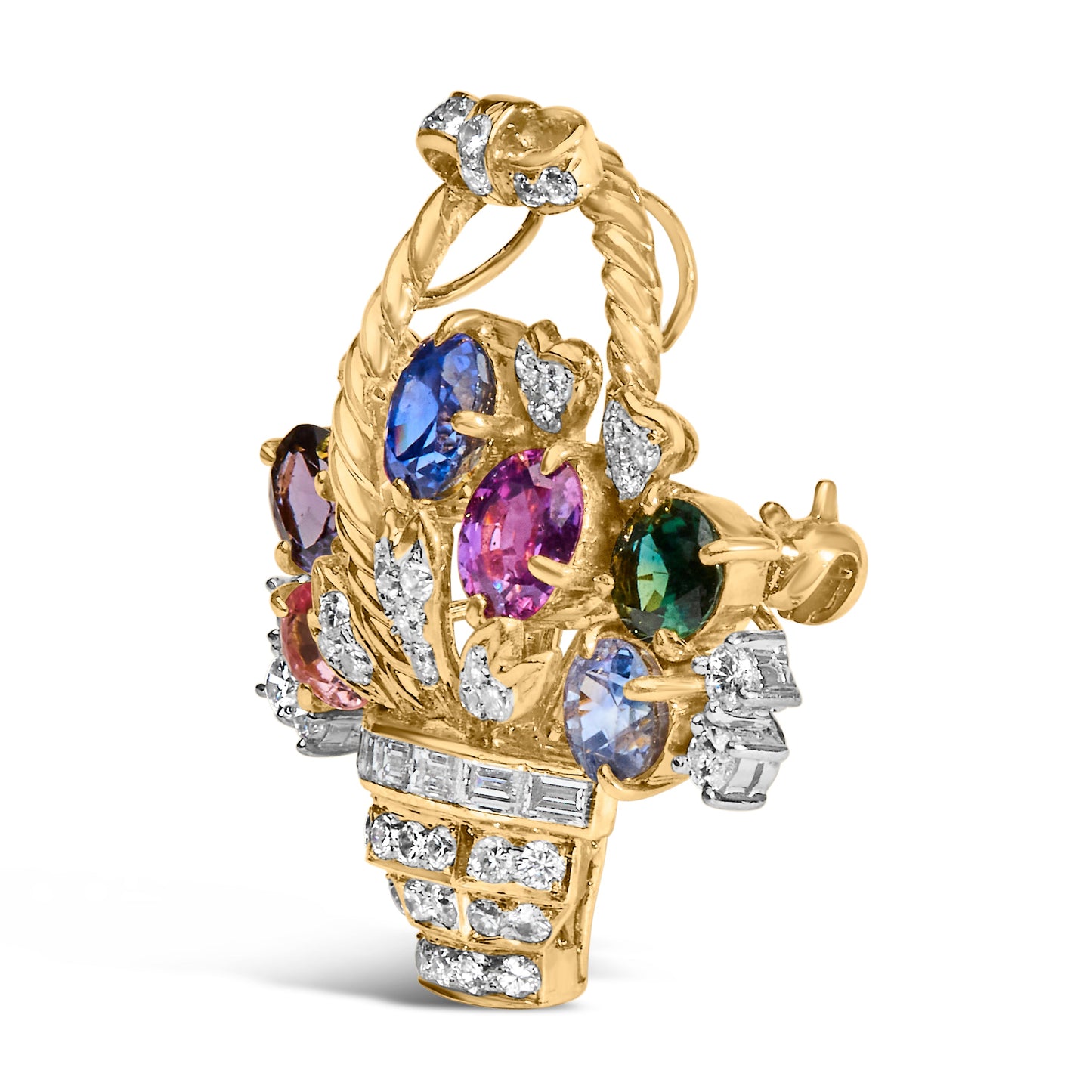 Pendentif et broche floral en or jaune 18K avec diamants et pierres précieuses