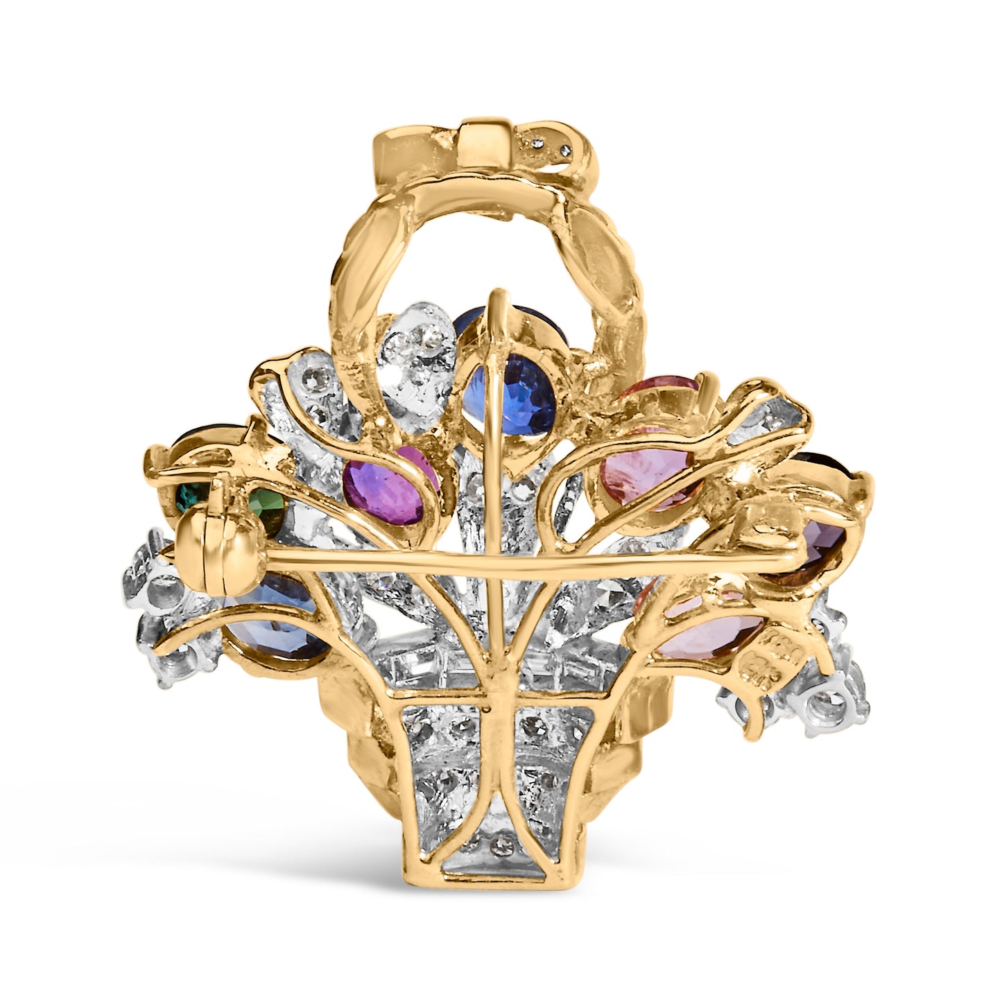 Pendentif et broche floral en or jaune 18K avec diamants et pierres précieuses