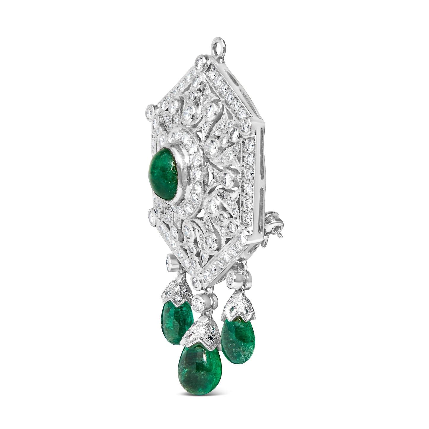 Broche Pin Colgante Art Deco de Diamante y Esmeralda de 18K