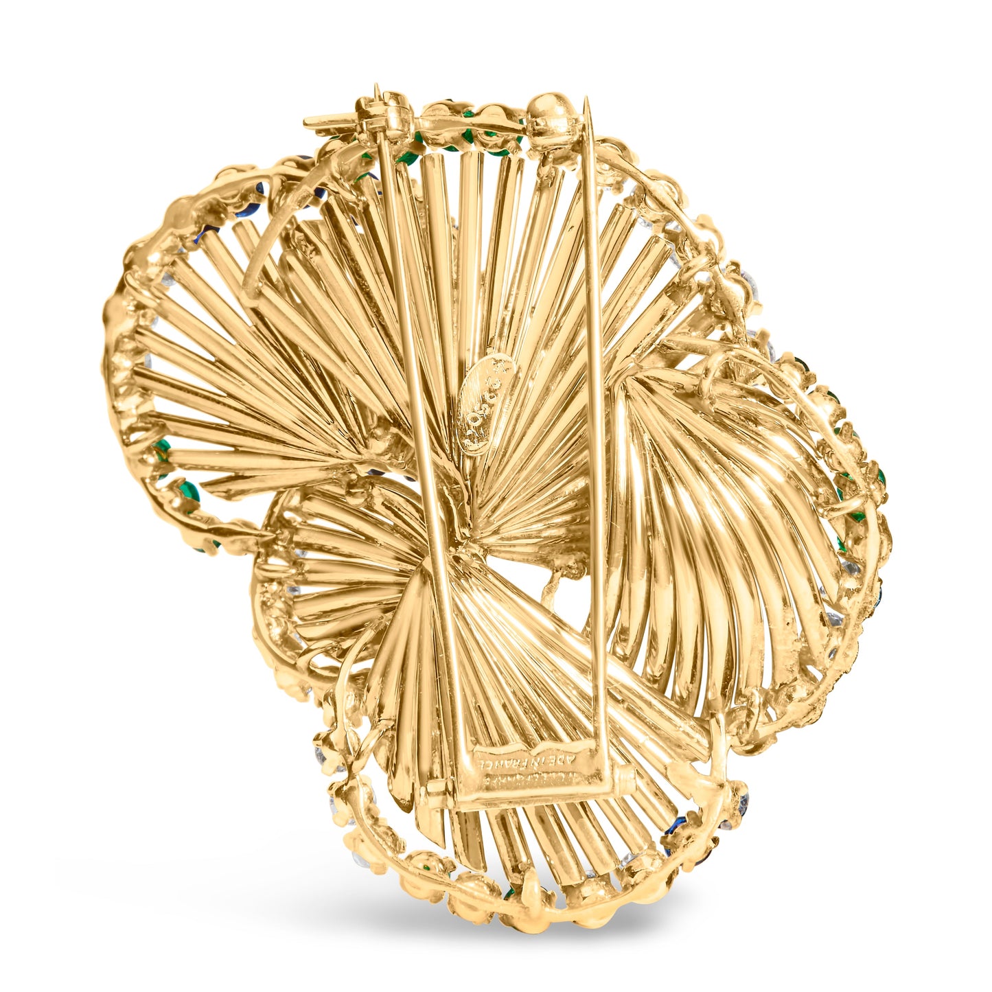 Broche de pétalo de diamante, zafiro y esmeralda en oro amarillo de 18 quilates