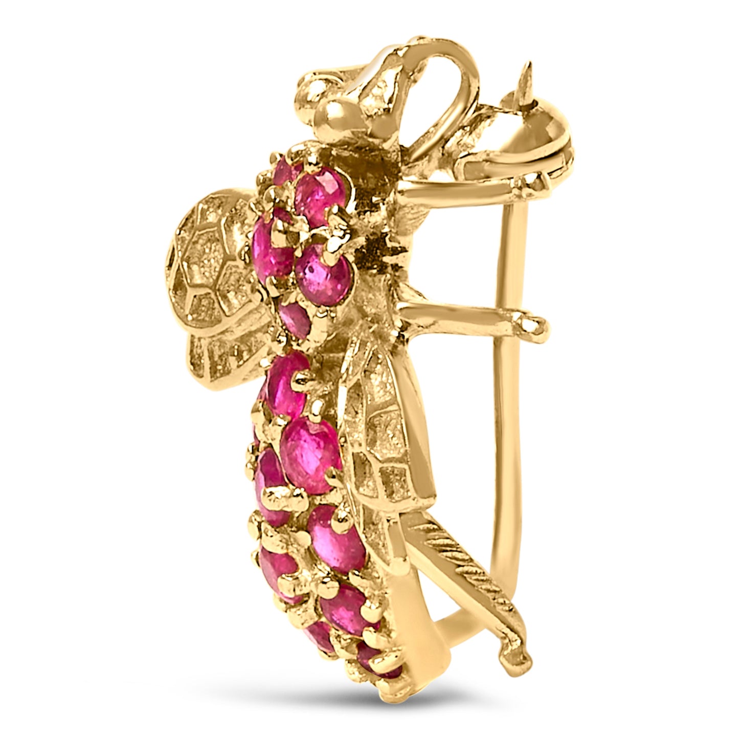 Broche épingle abeille en or jaune 14K et rubis rouge