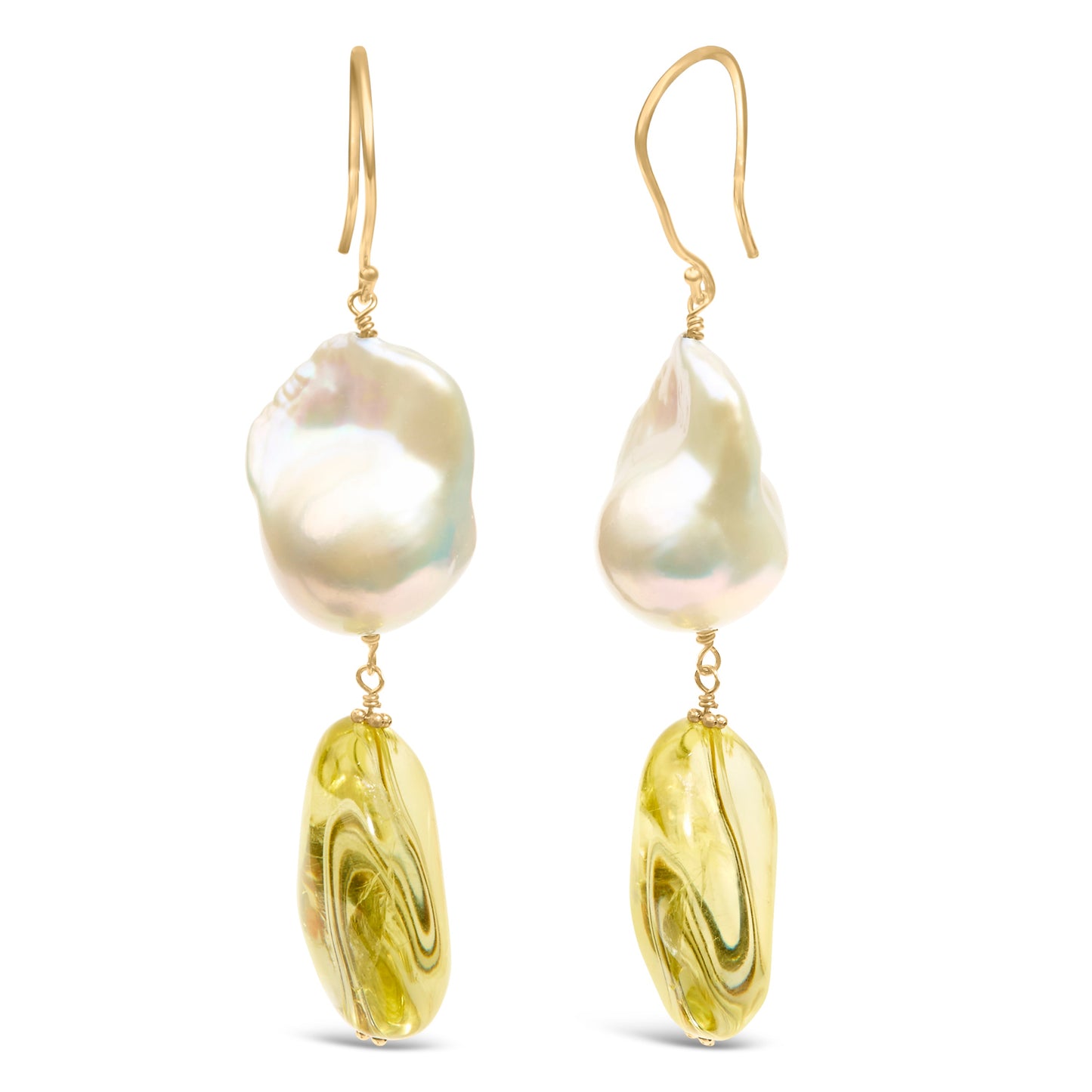 14K Yellow Gold Citrine and Baroque Pearl Drop Earrings