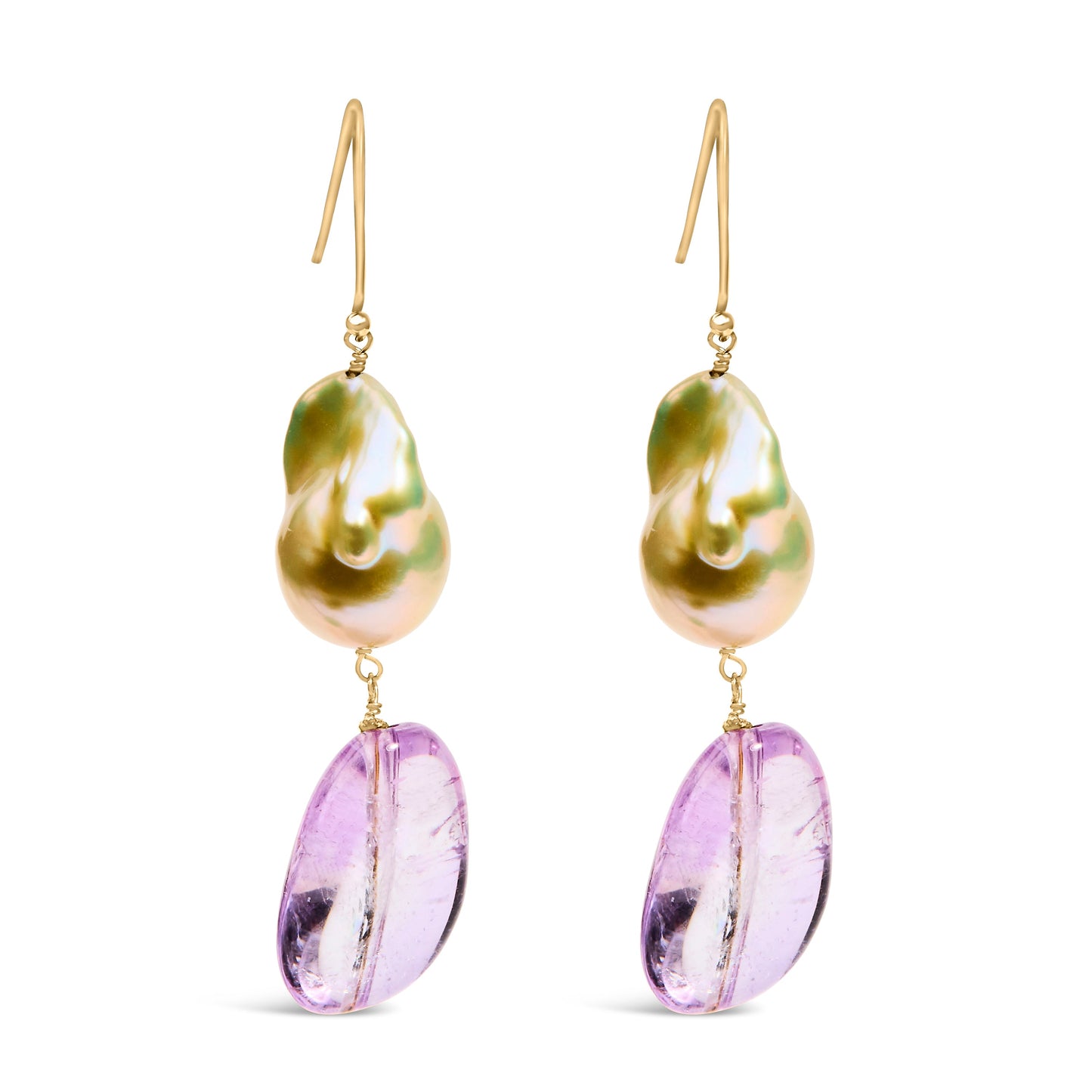 Pendientes Colgantes de Amatista y Perla Barroca en Oro Amarillo de 14K