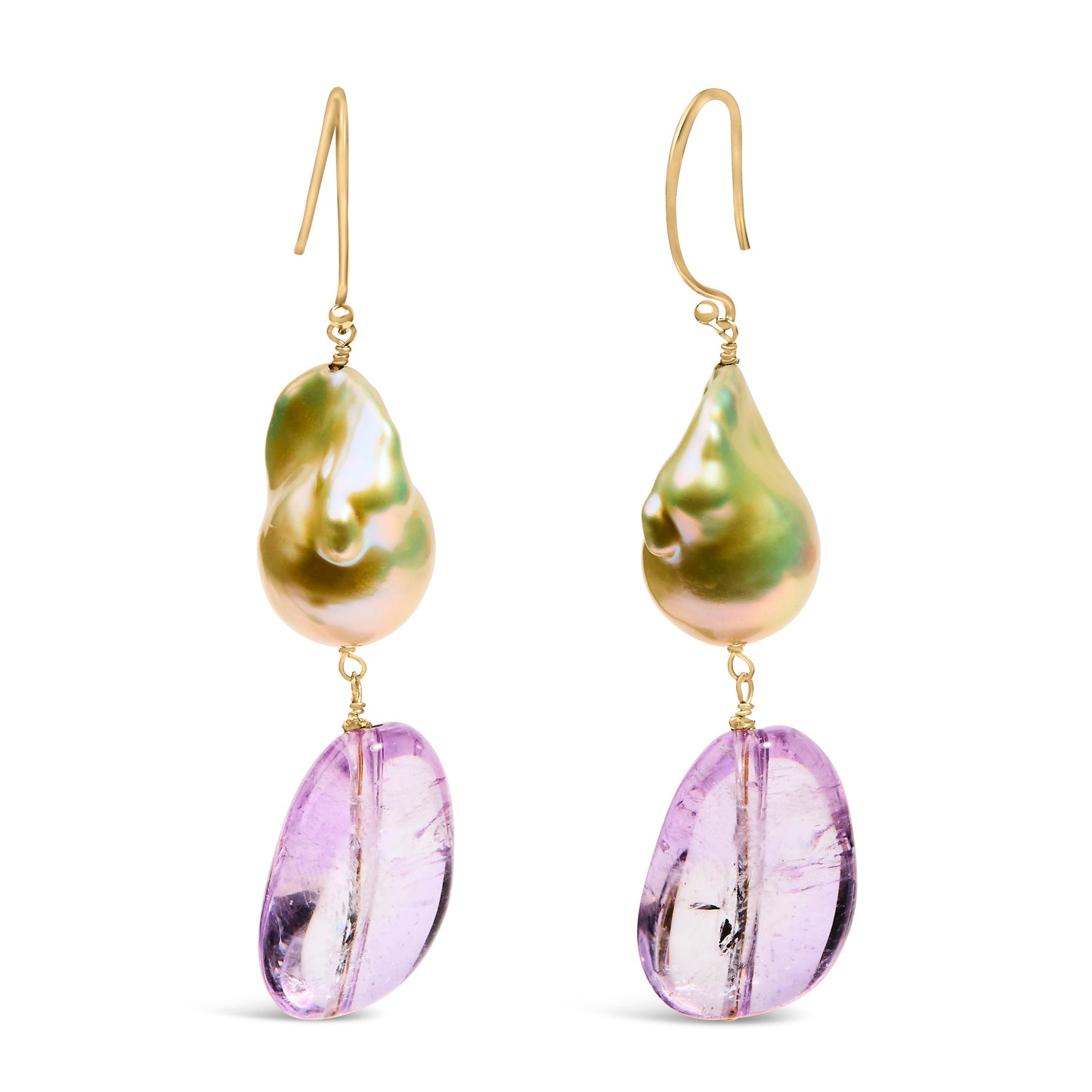 Pendientes Colgantes de Amatista y Perla Barroca en Oro Amarillo de 14K