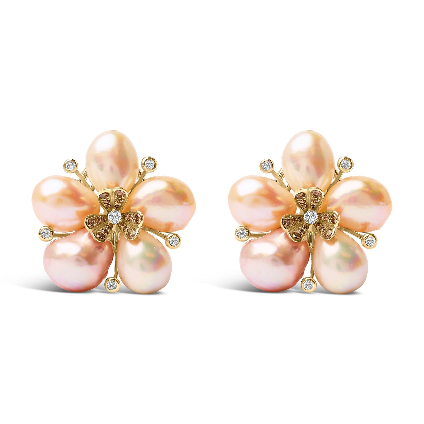 Pendientes de Stud de Flor de Oro Rosa de 18K con Diamantes y Perlas de Agua Dulce