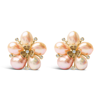 18K Rose Gold Diamond and Freshwater Pearl Blossom Stud Earrings