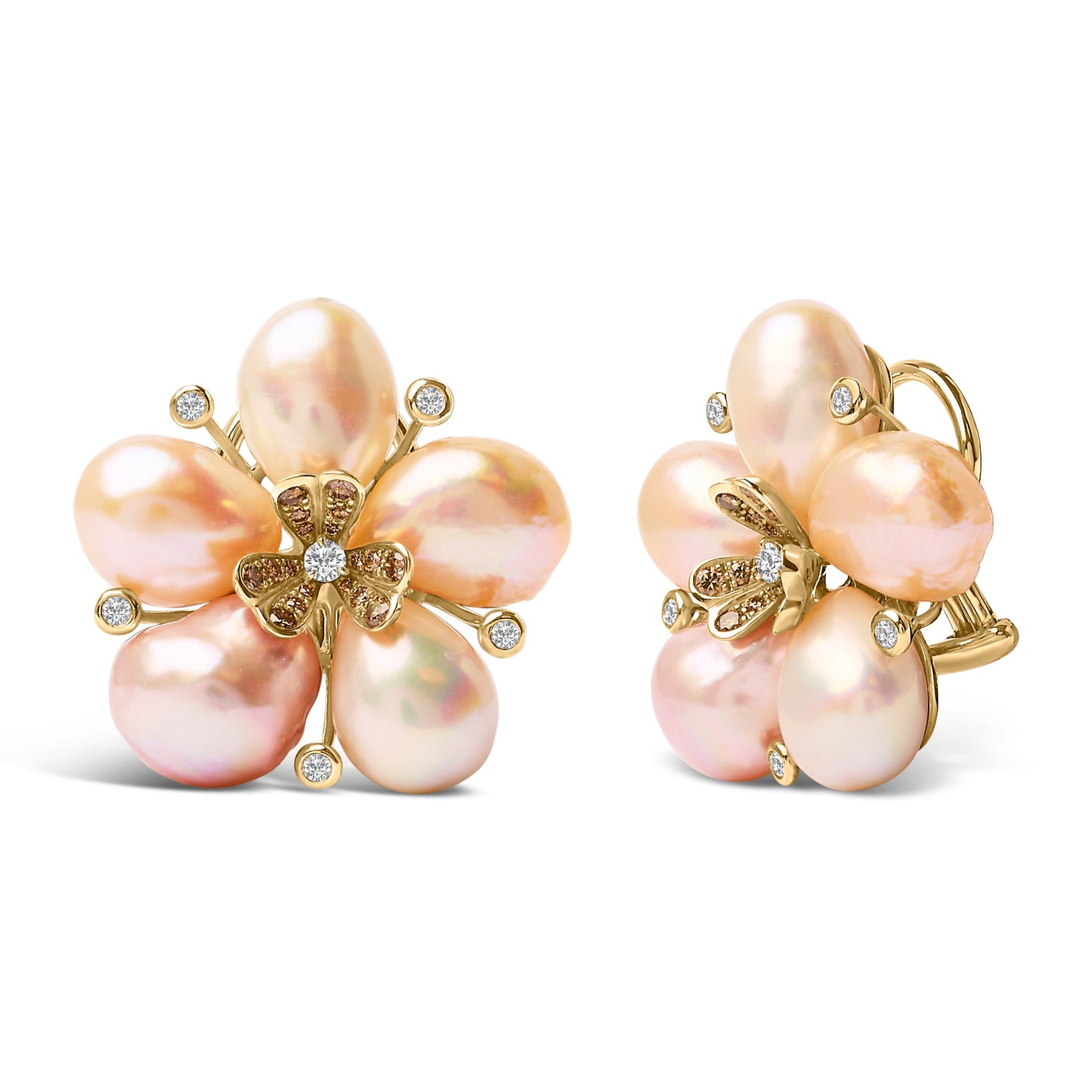Pendientes de Stud de Flor de Oro Rosa de 18K con Diamantes y Perlas de Agua Dulce