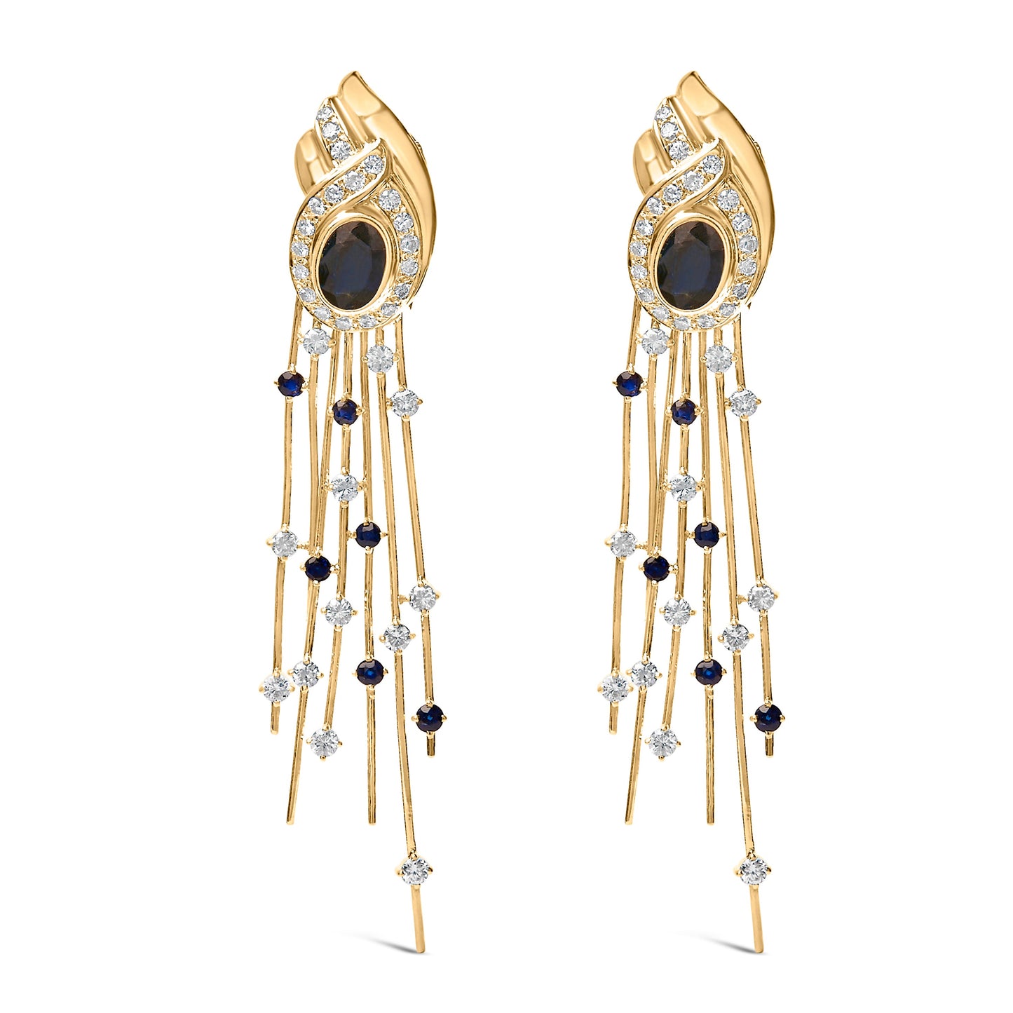 Boucles d'oreilles en chandelier en or jaune 14K avec diamants et saphirs bleus