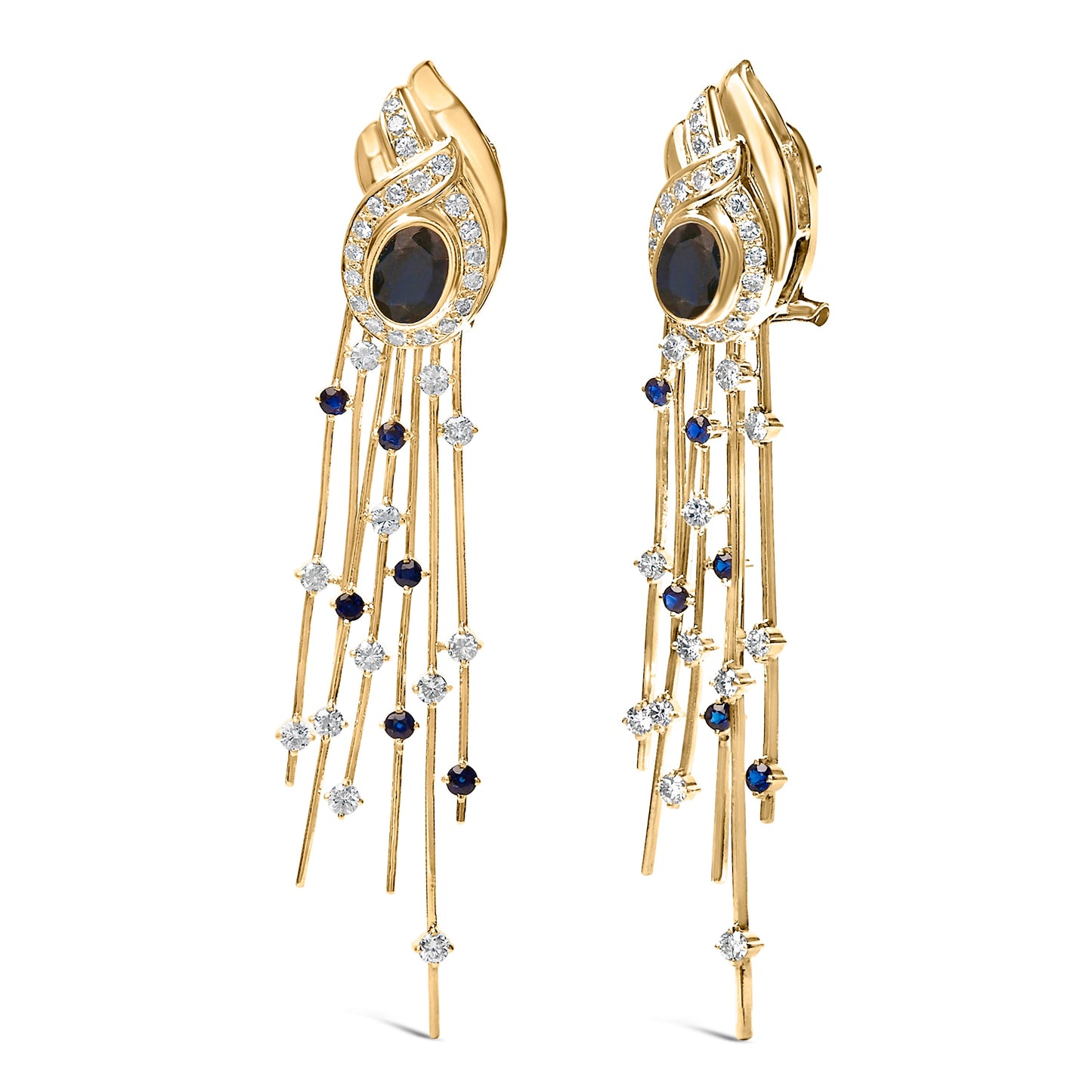 Boucles d'oreilles en chandelier en or jaune 14K avec diamants et saphirs bleus