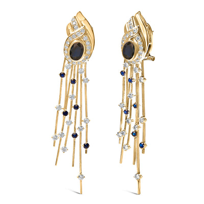 14K Yellow Gold Diamond & Blue Sapphire Chandelier Earrings