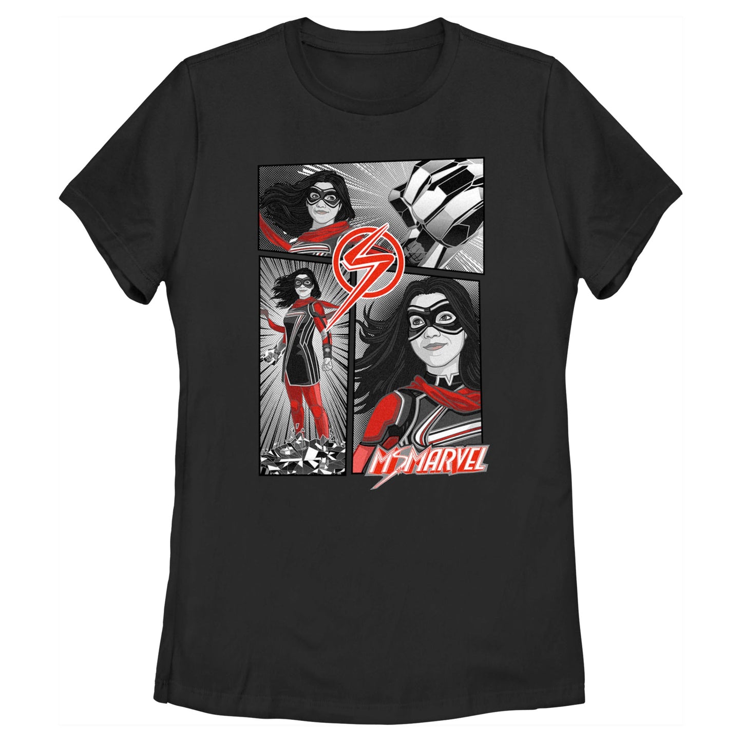 T-shirt pour femmes Marvel Ms. Marvel en panneaux de bande dessinée en niveaux de gris