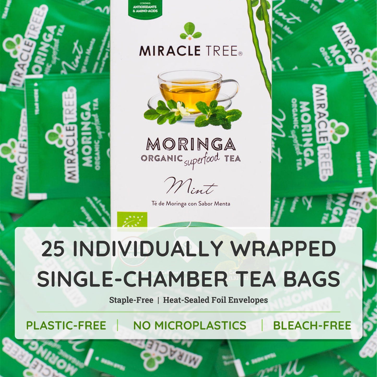 Organic Moringa Tea with Mint - 25 Wrapped Tea Bags