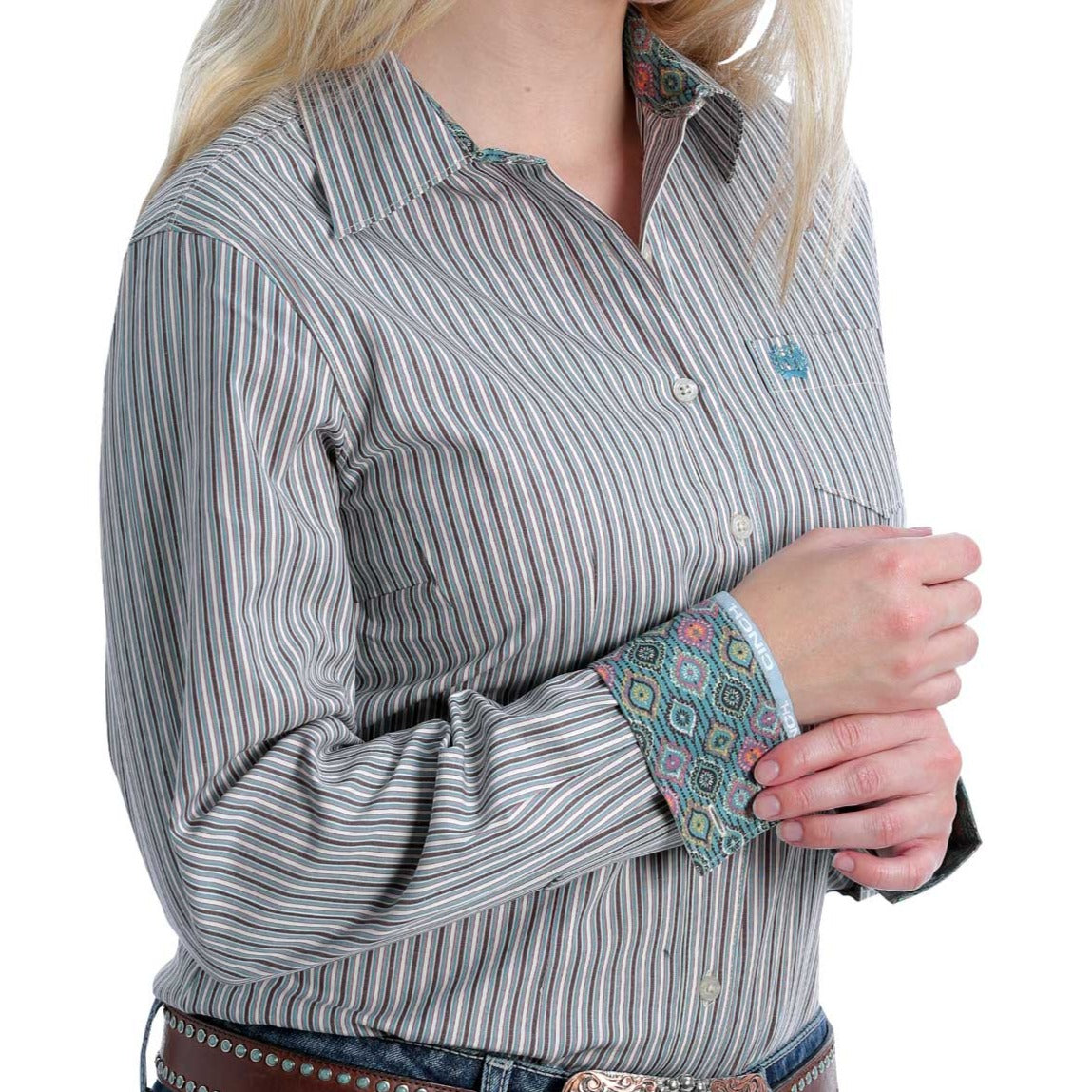 Chic Cream & Grey Striped Button-Up Shirt for Women - Korvel