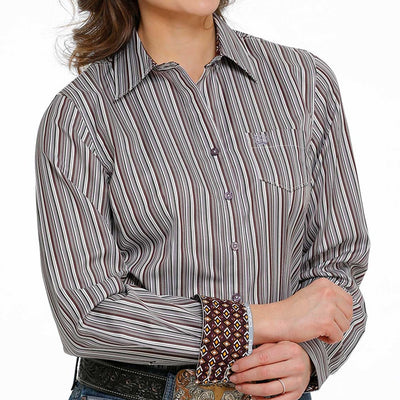 Chic Burgundy Striped Button-Up Shirt for Women - Korvel