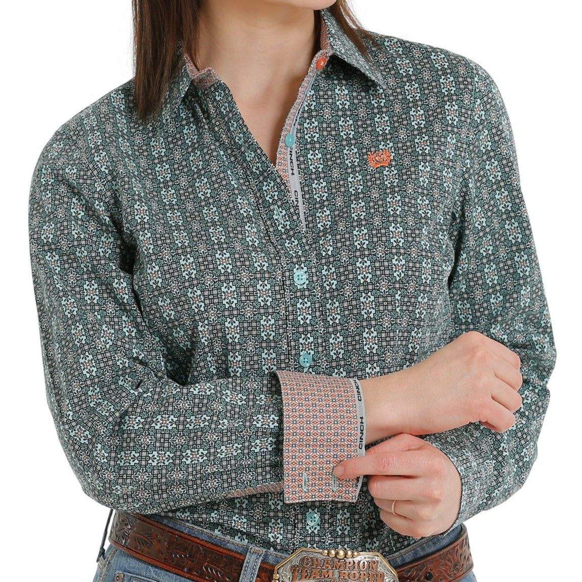 Chic Teal Patterned Cinch Women's Long Sleeve Shirt - Korvel