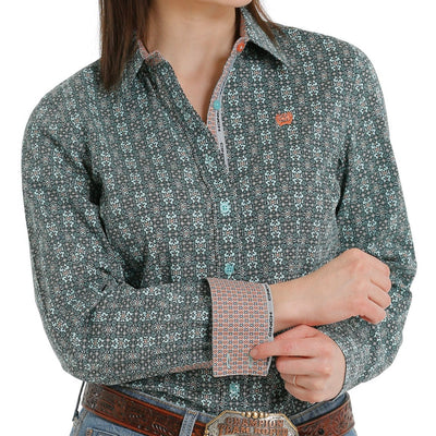 Chic Teal Patterned Cinch Women's Long Sleeve Shirt - Korvel